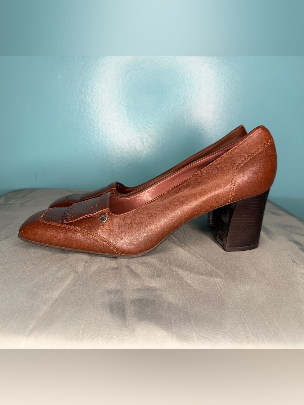Etienne Aigner Brown Leather Block Heel Loafer Pumps